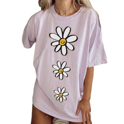 China 2021 New Daisy Print Customizable Loose Top Short Sleeve Casual Women Breathable T-Shirt for sale