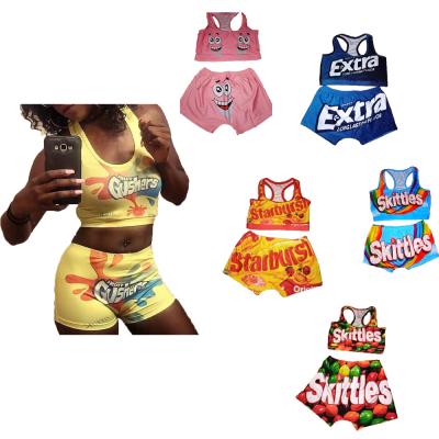 China Snack Shorts 6 Colors S-2XL 2 Piece Sets Summer Candy Sexy Snack Biker Shorts Women With Pattern Print Chest Wrapped Shorts Set for sale