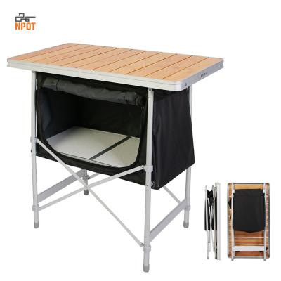 China Bamboo Picnic NPOT Top Fold Up Folding Camping Table With Storage Bag Portable Camp Cabinet for sale