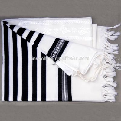 China White with traditional 100% Judaica wool stripes prayer shawl tallit black with black for sale