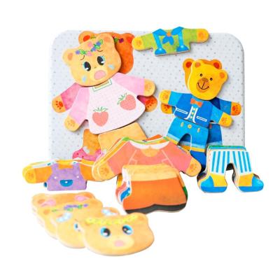 China DIY Practice Cute Fridge Magnets, Children's Magnetic Wooden Teddy Bear Doll Jigsaw Dress for sale