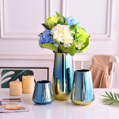 China Mid Century Modern Simple Blue Gold Ceramic Vase Flower Set Soft Three Piece Magnolia Home Decoration, Light Luxury And Colorful for sale