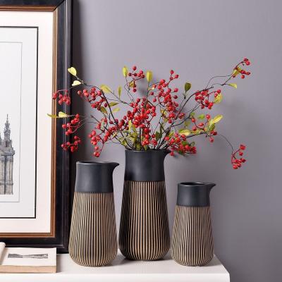 China Ceramic Vase Flower New Chinese Style Scandinavian Simple Modern Black Relief Pay Attention To Soft Household Decoration Three-Piece Set for sale