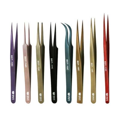 China New Design BSI Popular Color Coated Stainless Steel Tweezers For Eyelash Extension Tip Tip for sale