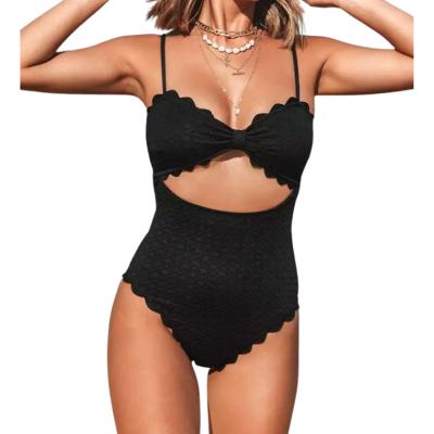 China Breathable Sustainable Quick Dry Custom Logo Black Knotted Scalloped One Piece Swimsuit for sale