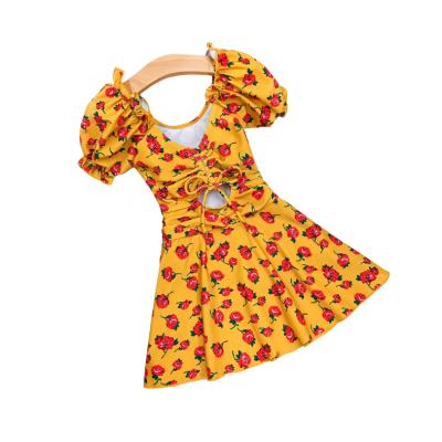 China Breathable Bathing Suits for Girls Puff Sleeved Skirted Rose Print One Piece for sale