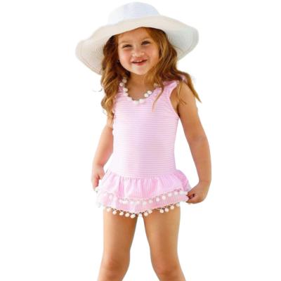 China Breathable Custom Design Baby Girl Swimwear kids  Girls Striped Pom Pom Skirt One Piece Swimsuit for sale