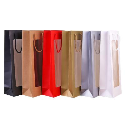 China DIY Craft Brown Paper Bag Good Quality Recyclable Wine Bag With Window Fancy Wine Bottle Paper Gift Bags With Handle for sale