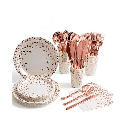 China Amazon Sale Rose Gold Pink Paper Dessert Cups Luxury Hot Sale Dish Napkins Baby Happy Birthday Party Disposable Tableware for sale