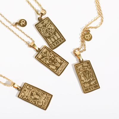 China Vintage Stainless Steel Tarot Mark Square Pendant Twelve Constellation Titanium Clavicle Chain Vintage Steel Necklaces For Women for sale