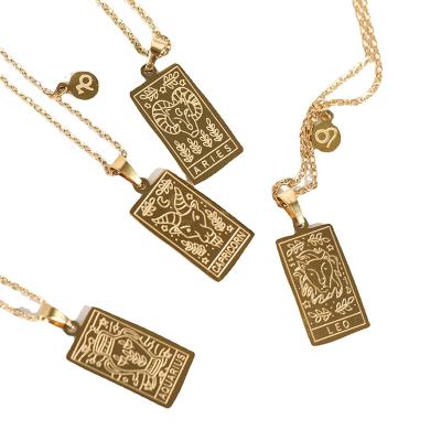 China Vintage Vintage 12 Constellations Tarot Necklace Stainless Steel Gold Square Zodiac Sign Pendant Necklace For Women Jewelry for sale