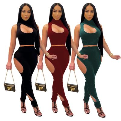 China New arrivals Y9062-2021 women's clothing solid color hollow female set two-piece sleeveless QUICK DRY for sale