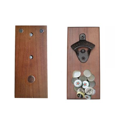 China Sustainable Custom Wood Beer Wall Mount Bottle Opener With Magnetic Cap Catcher for sale