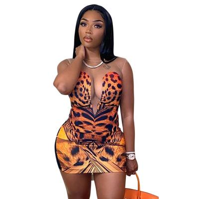 China 2022 Summer Anti-Static Mini Dress Women's Leopard Printed Hollow Out Sleeveless Sexy Club Bodycon Dress Women's Casual Dresses for sale