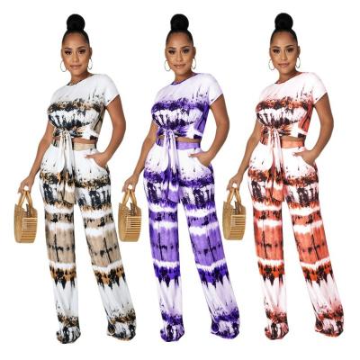 China 2022 QUICK DRY 2 piece set women summer print tie dye wide-leg two-piece lace-up for sale