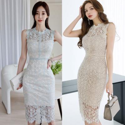 China Vestido 2021 Breathable Fashion O-Neck White Lace Dress Patterns Sleeveless Dress Ladies Dress for sale