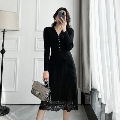 China New Solid Color Anti-Wrinkle Knitted Women Long Dress Women's Lace Edge Midi Base Shirt Sleeve Sweater Dress for sale