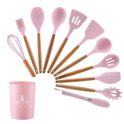 China Bestselling 12pcs Silicone Utensil Viable Non-Stick Tool Kits With Wooden Holder Handle Cooking Tools Kitchen Utensil Set for sale