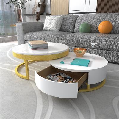 China (Height) Adjustable Luxury Single Round Nested White Faux Marble Nesting Coffee Table With Rotatable Lift Drawer for sale