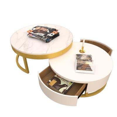 China Convertible Luxury Coffee Tables Rotating Marble Top With Rotating Drawers Gold Leg Lift Tables for sale