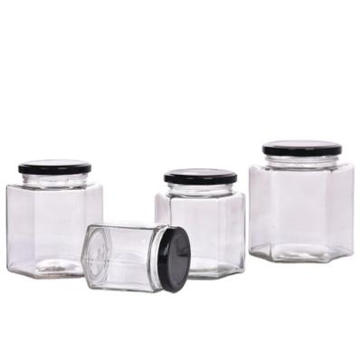 China Daily Life Hexagonal Storage Glass Jar 380ml Stored Jam Jars for sale