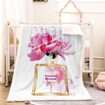 China Designer Brand Perfume Throw Blanket Rose Warm Luxury Custom Flower Printing Thick Sherpa Winter Blankets For Adult's Bedroom for sale