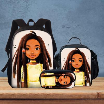 China Black Waterproof Kids 3pcs School Bag Afro Lady Girls School Bags Set Preppy School Backpack Children Bookbags Students for sale