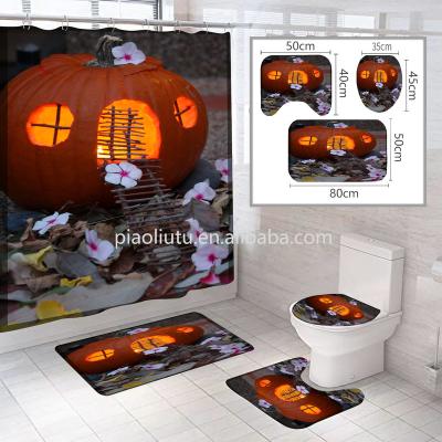 China New Viable Luxury Bathroom Accessories Shower Curtain And Mat 4Pcs Sets Customized 3D Halloween Toilet Scenographer Luminous Pumpkin for sale