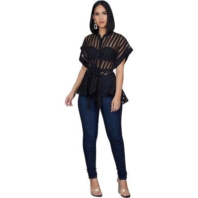 China F9071 Breathable Summer Black Long Elastic Waist Striped Loose See Through Lady Blouse for sale