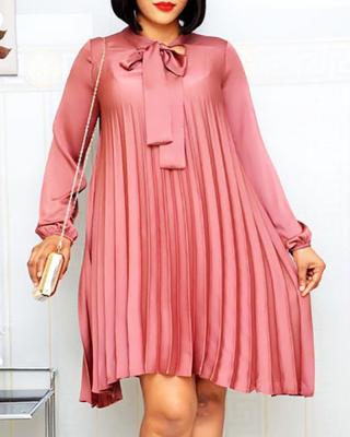 China F9098 Breathable Pleated Long Lantern Sheath Bowtie Fashion Loose Women Career Dresses for sale