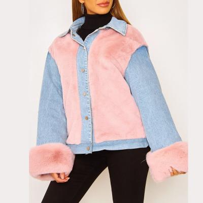 China ZX1052 Viable Hot Winter Women's Clothing Casual Jacket Denim And Furry Patchwork Warm Coat For Ladies for sale