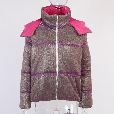 China New Design Anti-wrinkle HK1031 Solid Color Short Women Pink Shiny Stripper Coat With Hood for sale