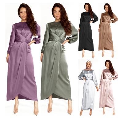 China Fashion Trending Muslim Abaya in Dubai Islamic Clothing for Women Modest Fashion Tie Belt Satin Dress S M L XL for sale