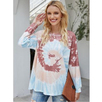 China Autumn And Winter New Trendy QUICK DRY 2021 QUICK DRY Tie Dye Long Sleeve Blouses O-Neck Women Fleece Tops Loose Casual Tops Hoodie for sale