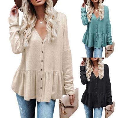 China 2021 Fashion Women's Autumn Winter New Trendy Anti-Wrinkle Loose Line Button V-Neck Sleeve Anti-Wrinkle Long Blouses Tops Casual Solid Color T-Shirt Tops for sale