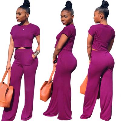 China 2021 Solid Leg QUICK DRY Wide Leg Pants With Pocket Women Clothing Sets Two Piece Set Maxi Flare Pants Two Piece T-Shirt Shorts Sleeve Set for sale