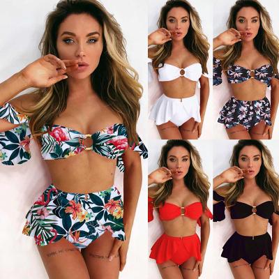 China 2021 Women Floral Print Breathable Two Piece Bikini Set Off Shoulder Swimsuit Ruffles Summer Beach Swimwear High Waist Biquini Swimwear for sale