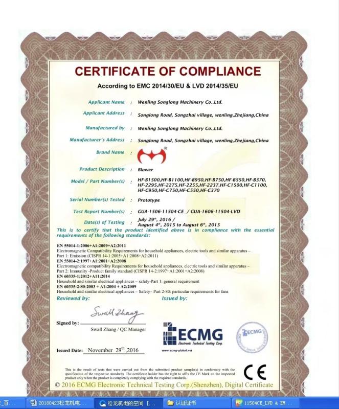 CERTIFICATE OF COMPLIANCE - Wenling City HongFu Machinery Co.,Ltd