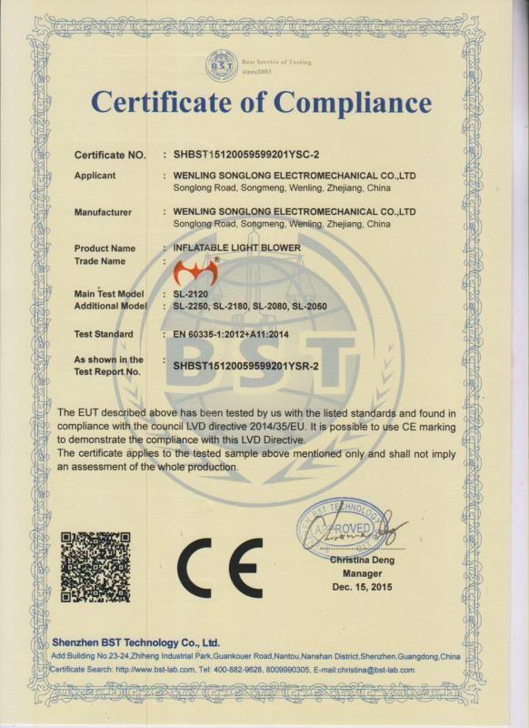 Certificate of Compliance - Wenling City HongFu Machinery Co.,Ltd