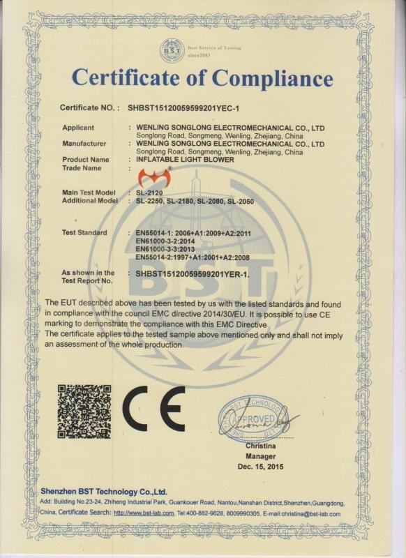 Certificate of Compliance - Wenling Songlong Electromechanical Co., Ltd.