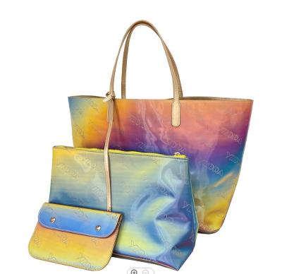 China Fashion customer logo YZORA fashion large capacity personality abrazine gradient color rainbow colorful duffel bag handbag for women for sale