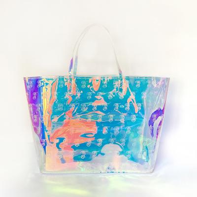 China Waterproof Yzora Customized Large Beach Bag Luxury Transparent Holographic Tote Bags With Custom Printed Logo For Women for sale