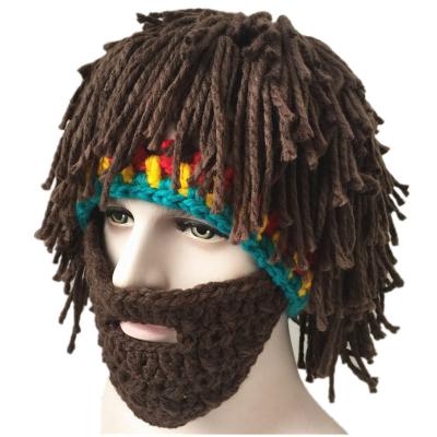 China New Creative Funny Creative Handmade Wig Halloween Cosplay Adult Decoration Handmade Rasta Bearded Hat Designed Bearded Hat Knitted Party Hat for sale