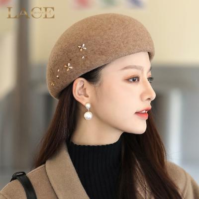 China 100% Rhinestone Women's Fascinator Wool Felt Hats French Artist Cap Berets Bowler Hat For Women for sale