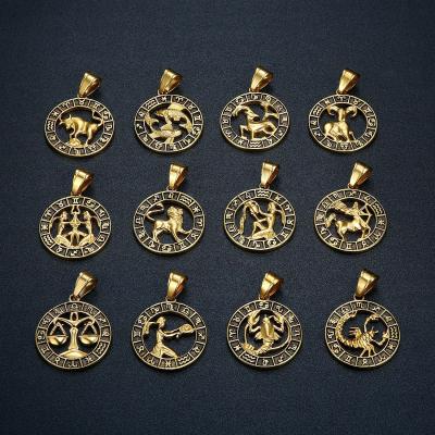 China Vintage Stainless Steel Zodiac Pendant Necklace For Men Titanium Horoscope Mens Creative New Vintage Steel 12 Necklace Custom for sale