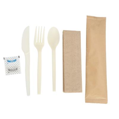 China Quanhua Disposable Hot Sale ECO Wrapped PSM Fork and Spoon Set Portable Disposable Cornstarch Cutlery for sale