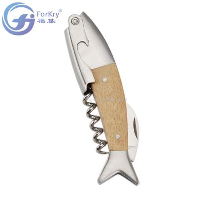 China FORKRY High Quality Hot Selling Stocked Gift Corkscrew Wine Bottle Opener Fish Shape With Wooden Handle for sale