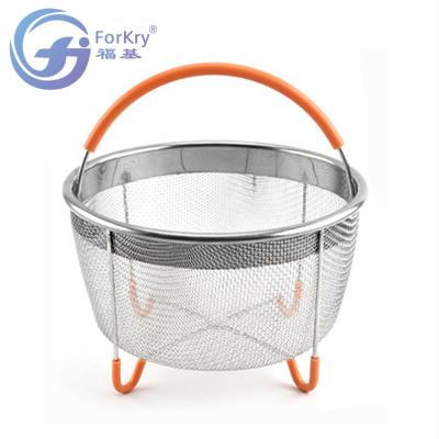 China Stocked Stainless Steel Steamer Egg Basket Pasta Strainer Vegetable Strainer With Silicone Handle for sale