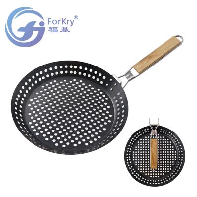 China Easily Cleaned Nonstick Coating Stainless Steel Grill Pan With Folding Wooden Handle for sale