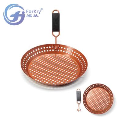 China Easily Cleaned Stainless Steel Grill Pan With Removable Wood Handle Non-Stick Copper Coating for sale